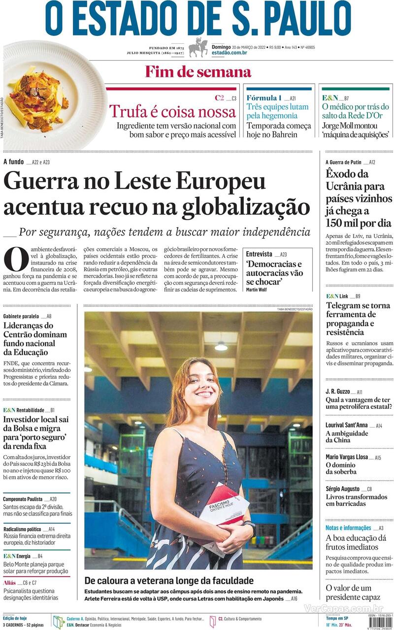 Capa do jornal Estadão 20/03/2022