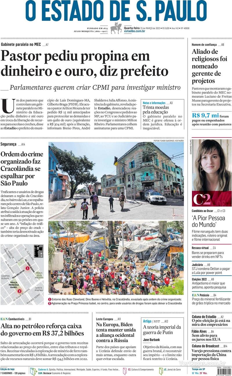 Capa do jornal Estadão 23/03/2022