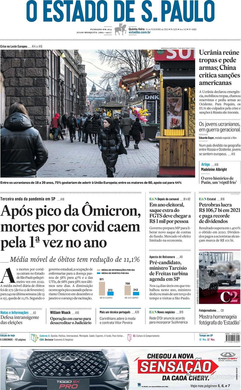 Capa do jornal Estadão 24/02/2022