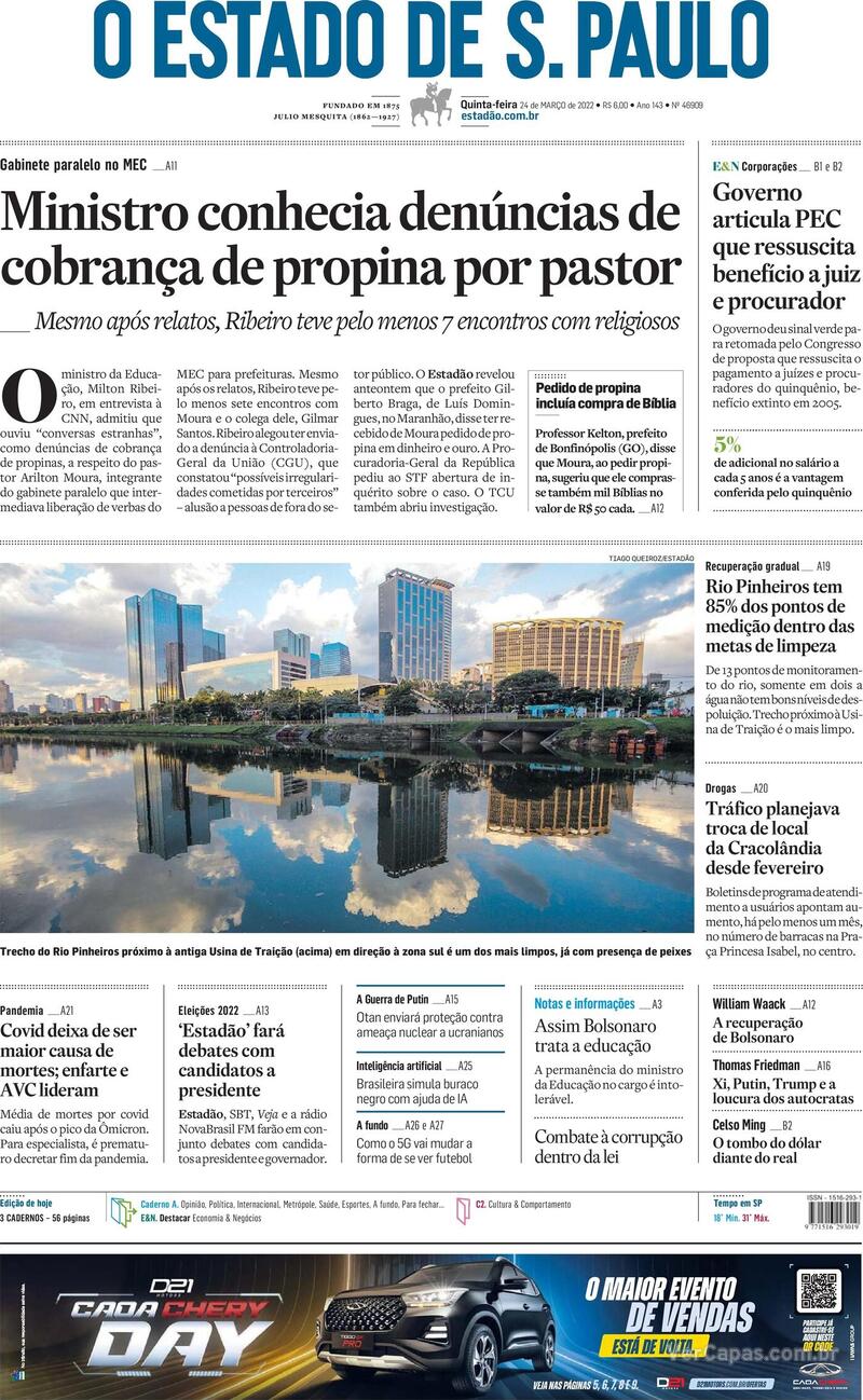 Capa do jornal Estadão 24/03/2022