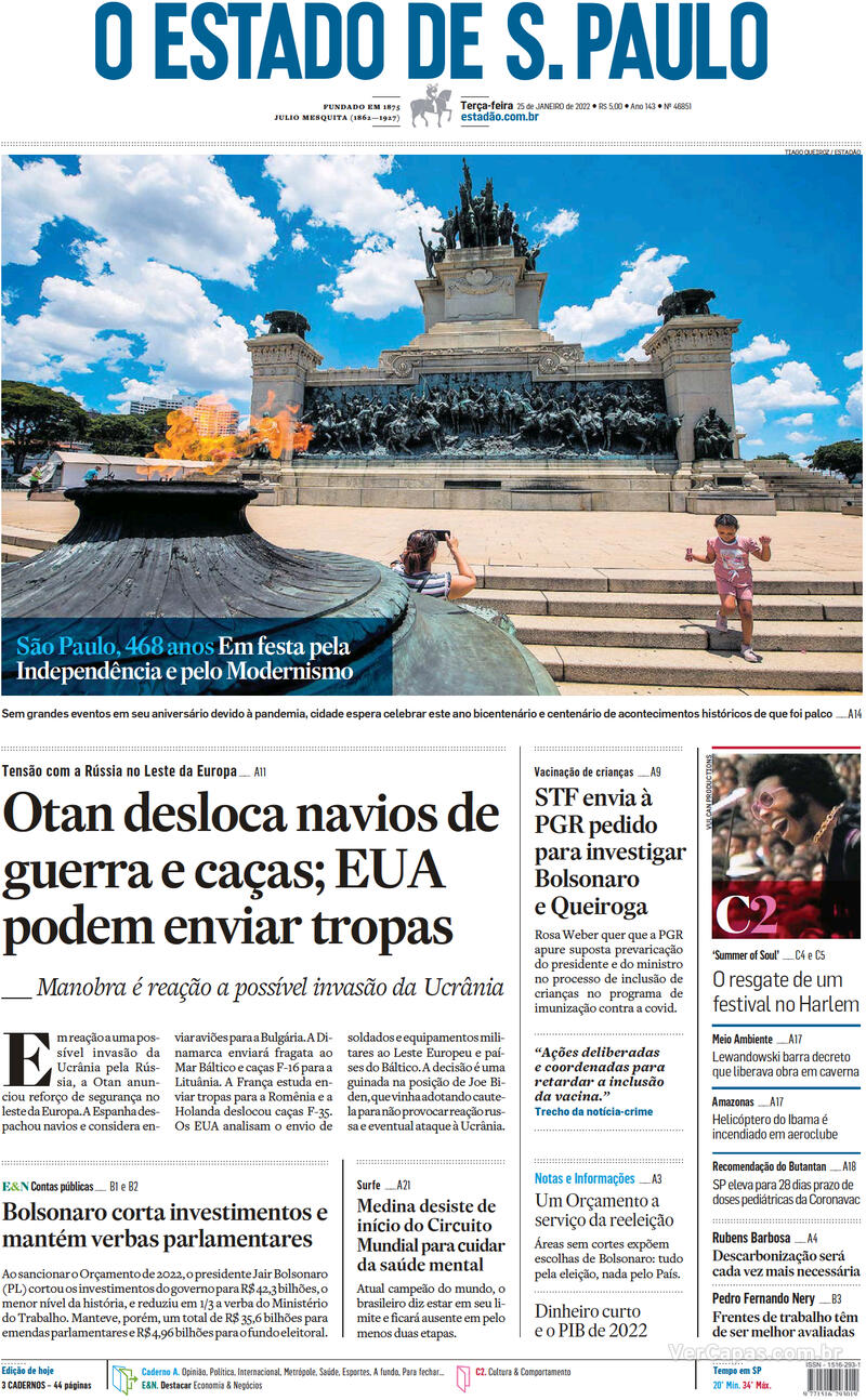 Capa do jornal Estadão 25/01/2022