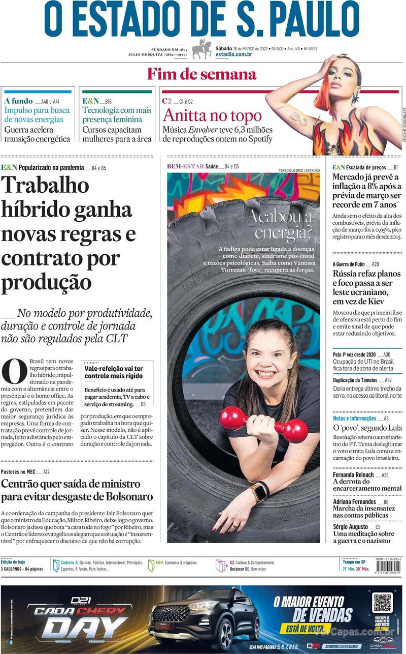 Capa do jornal Estadão 26/03/2022