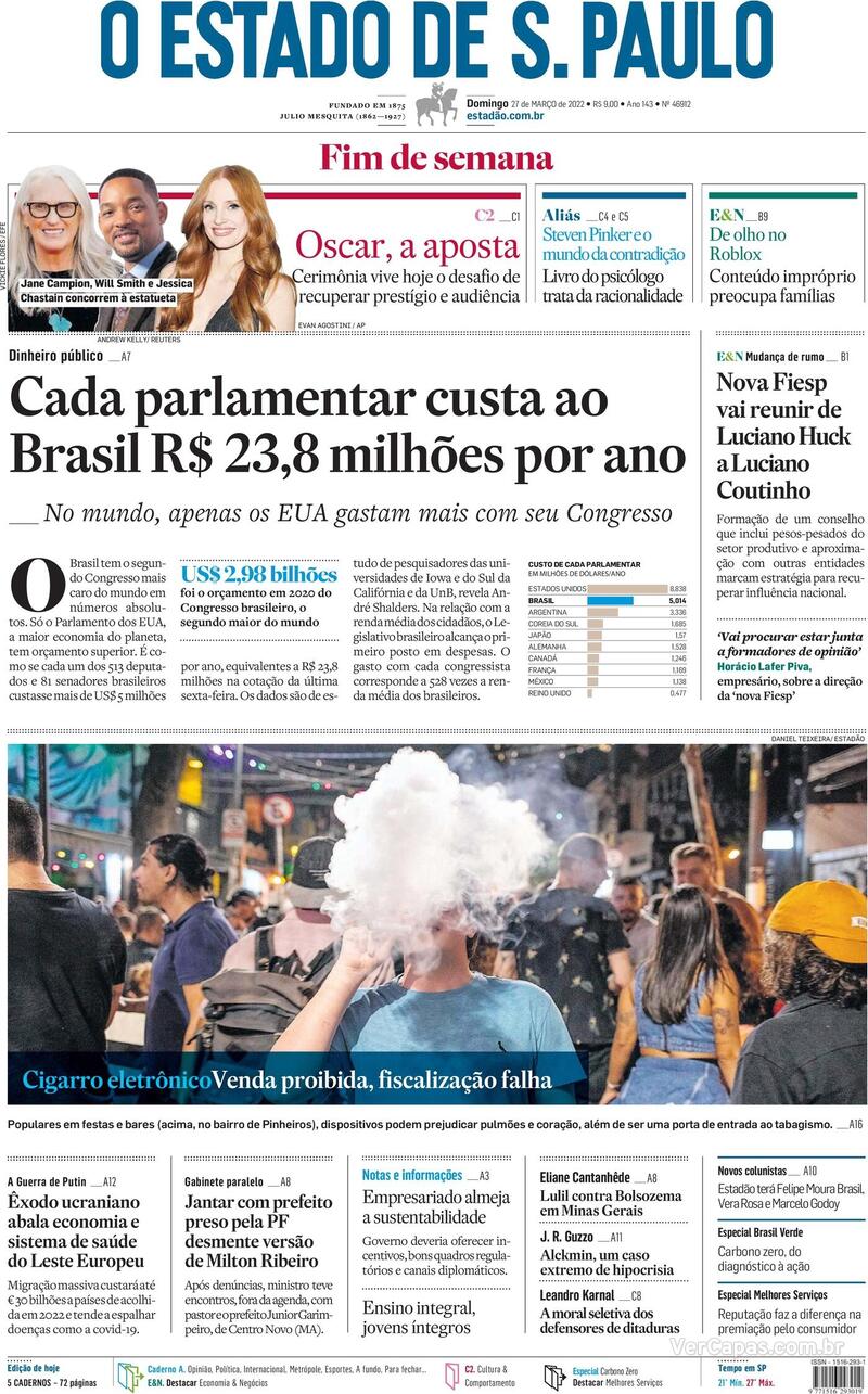 Capa do jornal Estadão 27/03/2022
