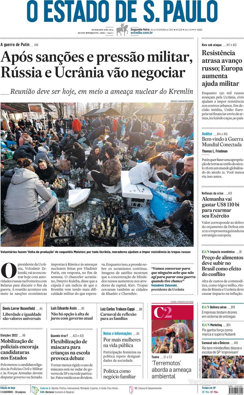 Capa do jornal Estadão 28/02/2022