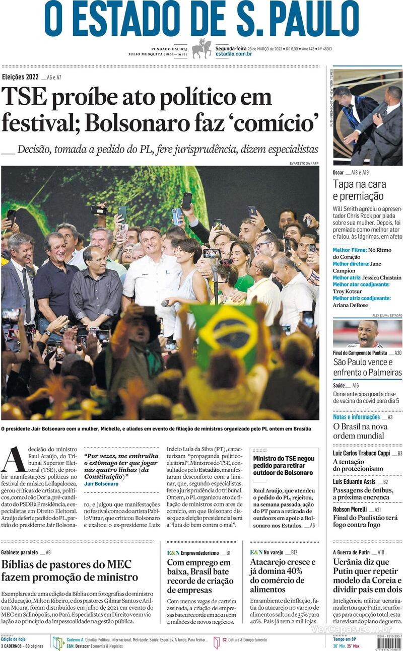 Capa do jornal Estadão 28/03/2022