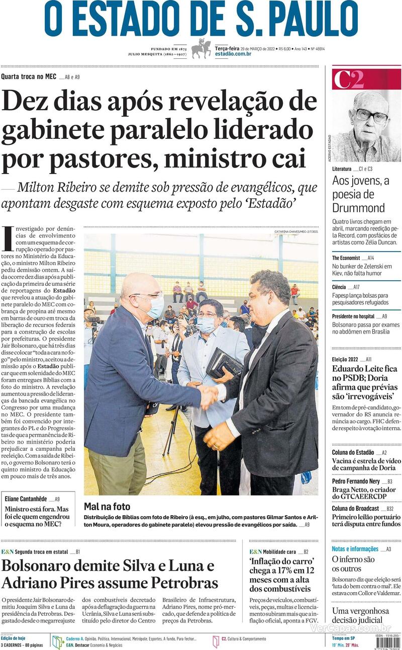 Capa do jornal Estadão 29/03/2022