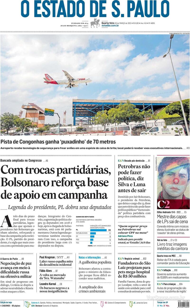 Capa do jornal Estadão 30/03/2022