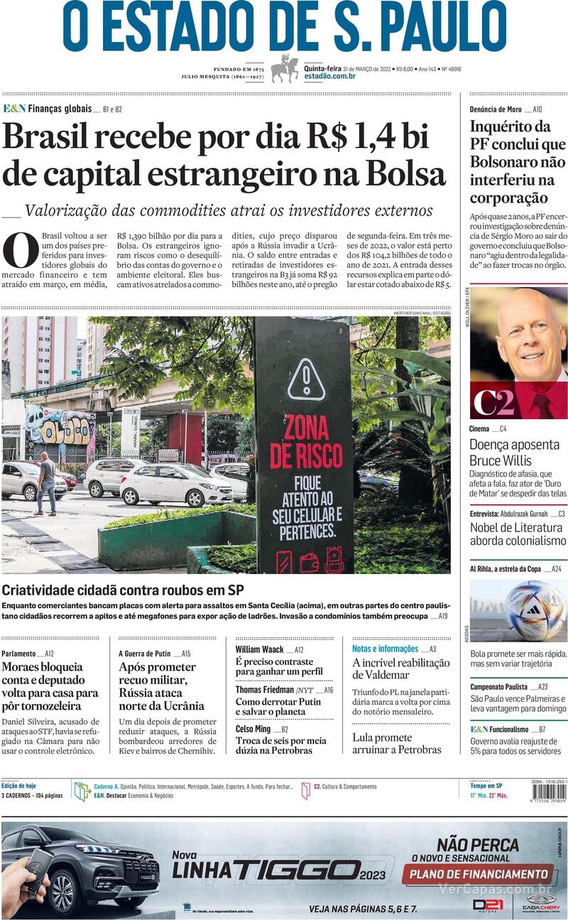 Capa do jornal Estadão 31/03/2022