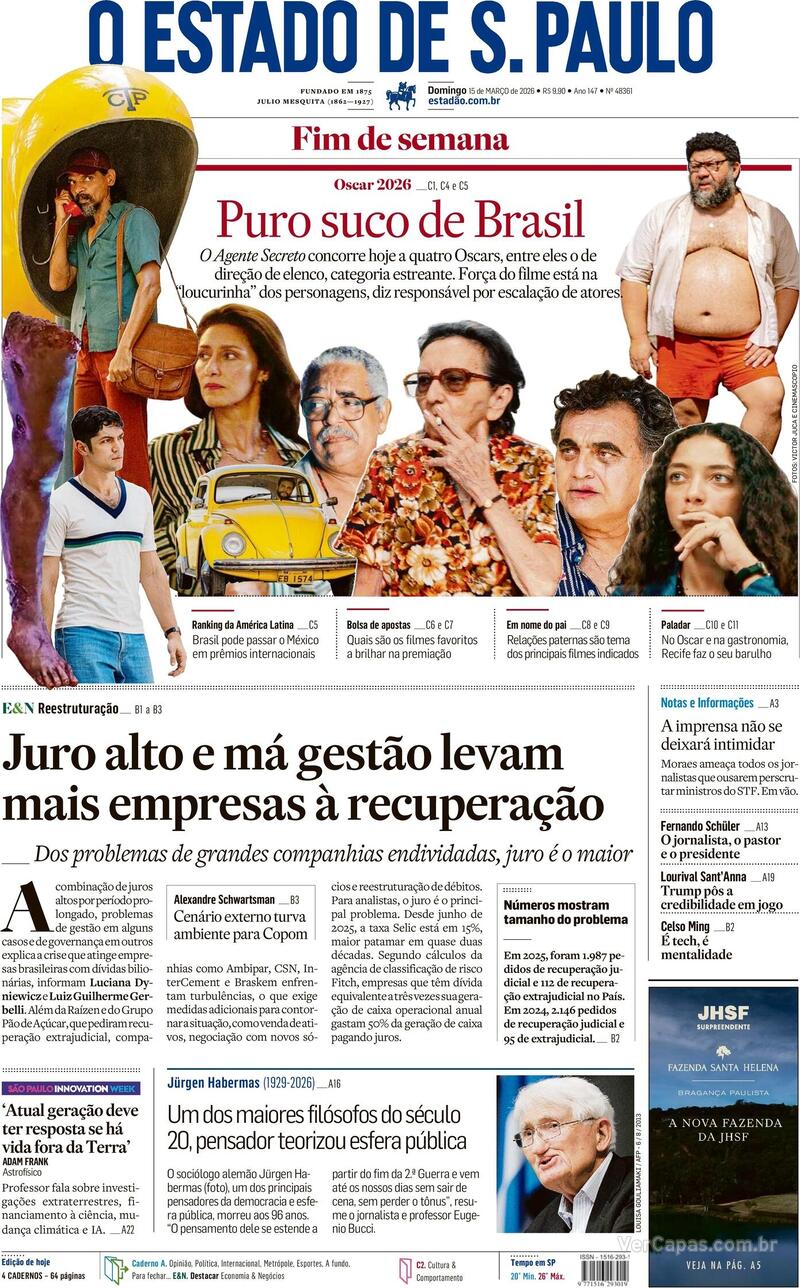Capa do jornal Estadão 15/03/2026