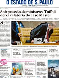 Capa do jornal Estadão 13/02/2026