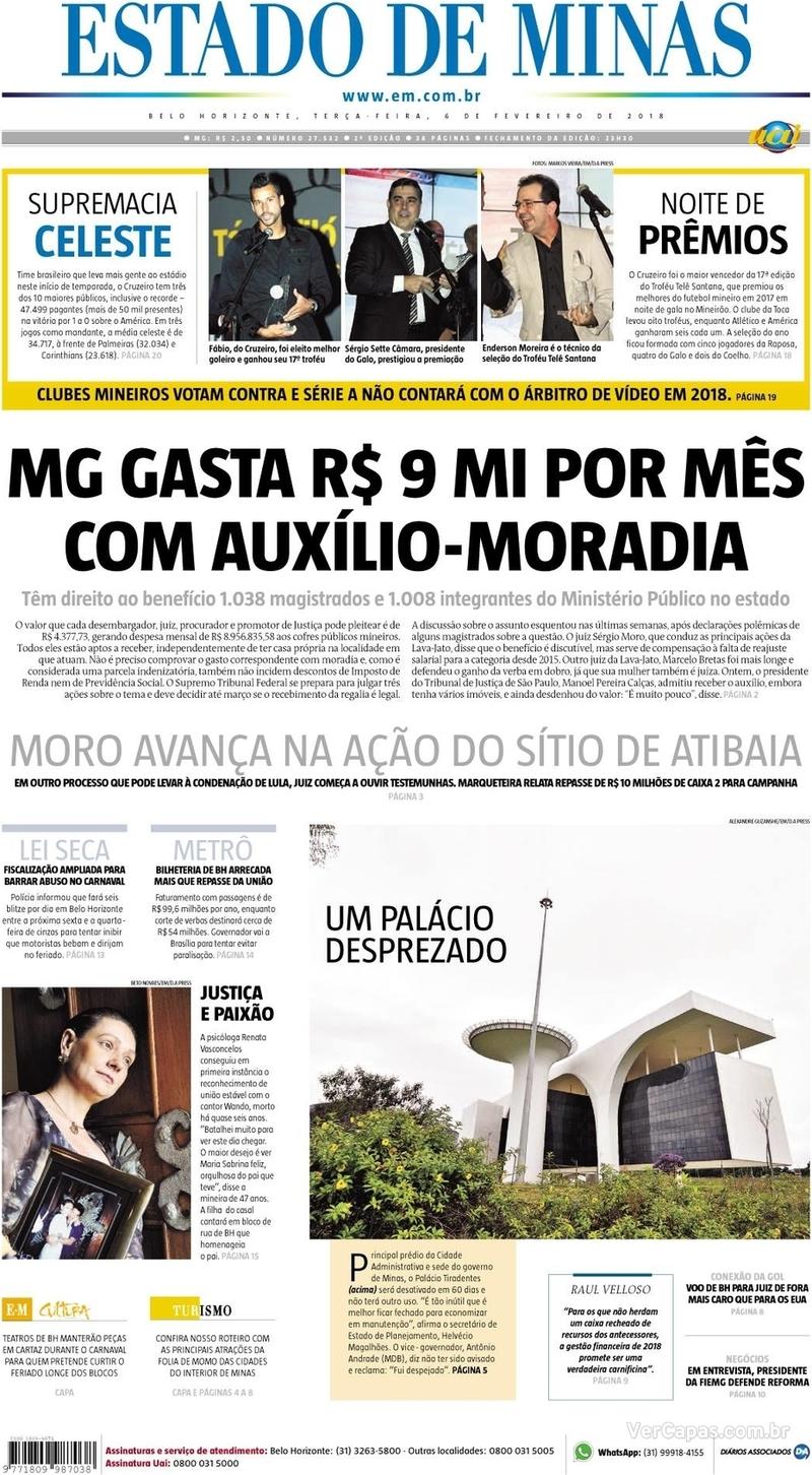 Capa do jornal Estado de Minas 06/02/2018