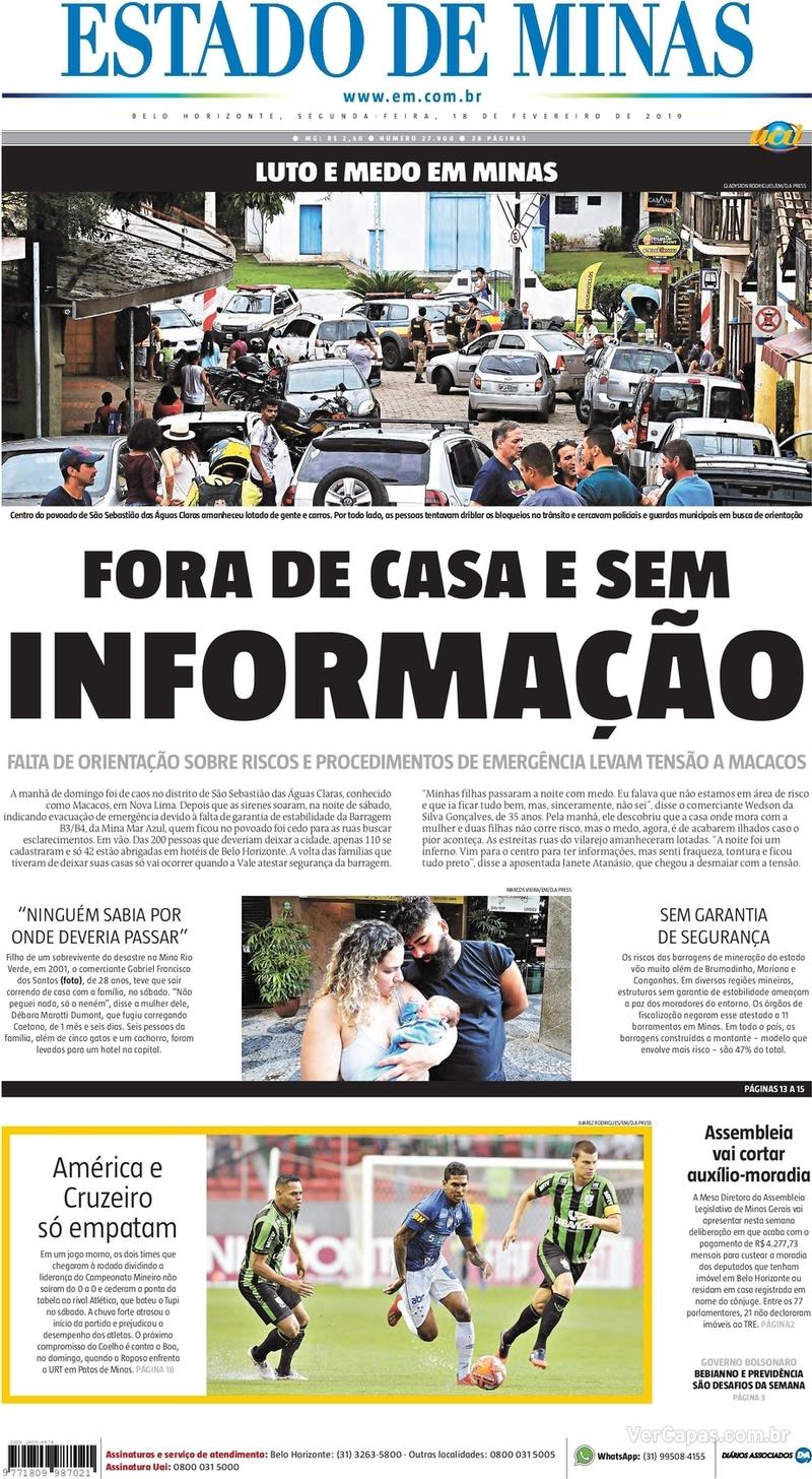 Capa do jornal Estado de Minas 18/02/2019