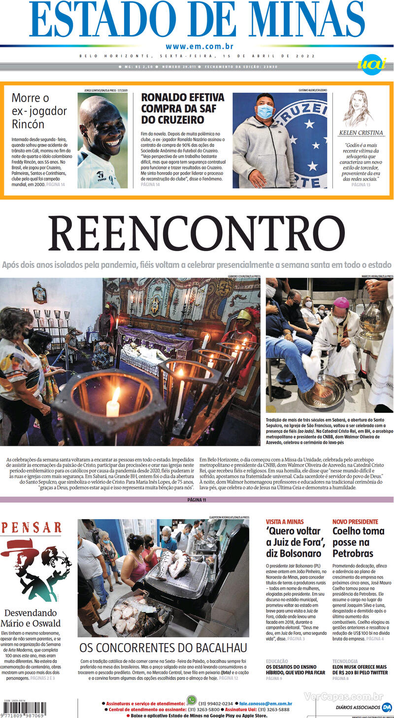 Capa do jornal Estado de Minas 15/04/2022