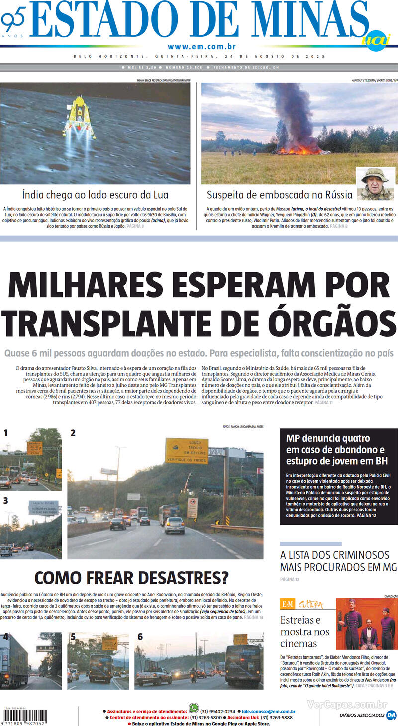 Confira a Capa do Jornal Estado de Minas do dia 10/08/2023