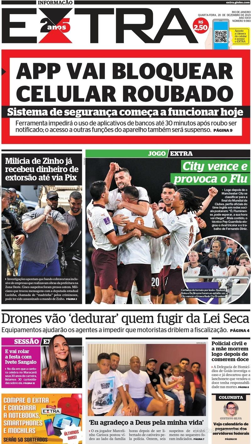 Capa do jornal Extra 20/12/2023