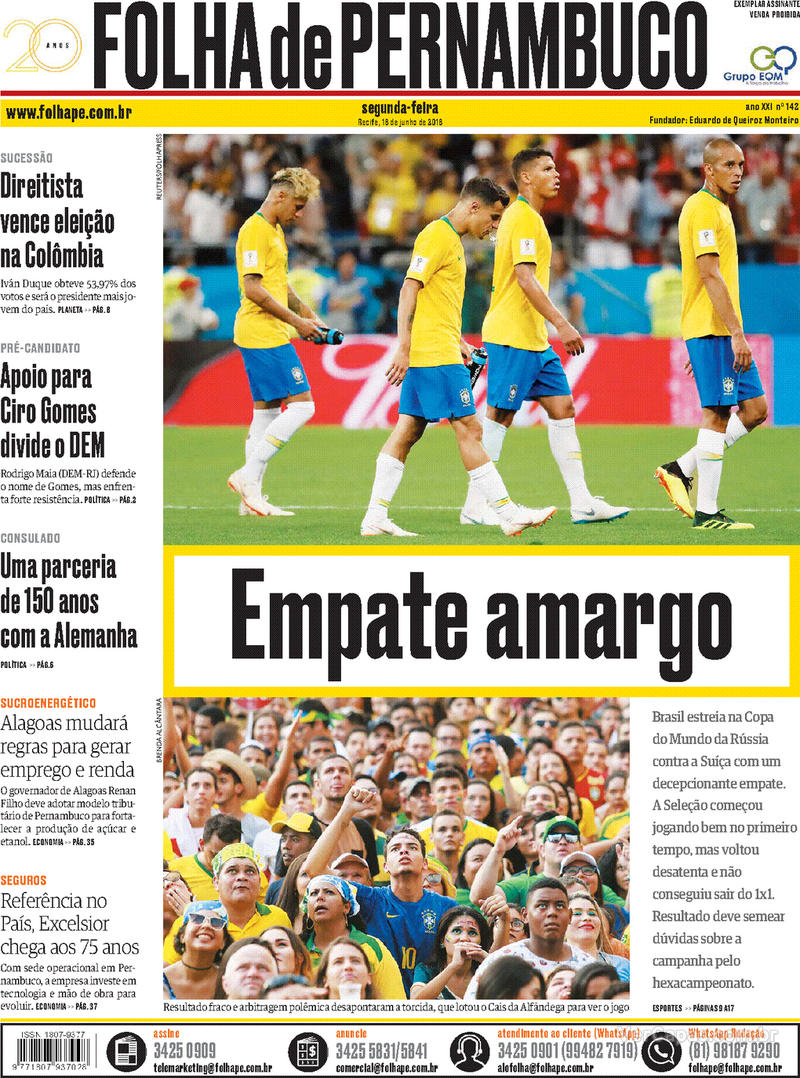 Capa do jornal Folha de Pernambuco 18/06/2018