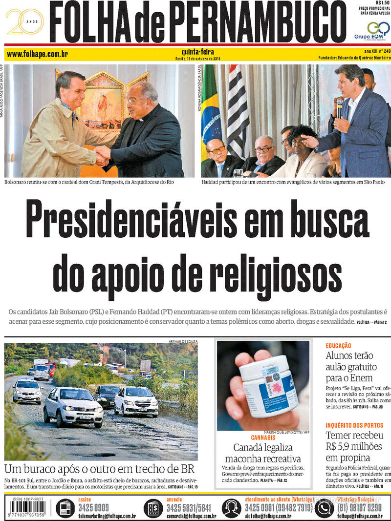 Capa do jornal Folha de Pernambuco 18/10/2018