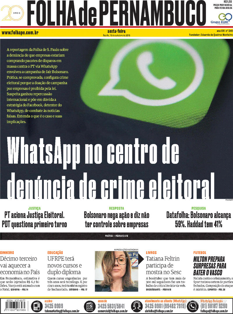Capa do jornal Folha de Pernambuco 19/10/2018
