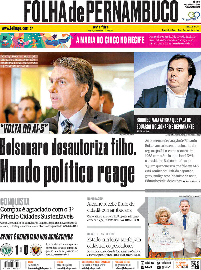 Capa do jornal Folha de Pernambuco 01/11/2019