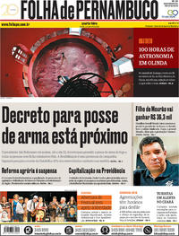 Capa do jornal Folha de Pernambuco 09/01/2019