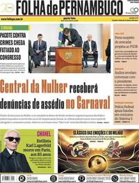 Capa do jornal Folha de Pernambuco 20/02/2019