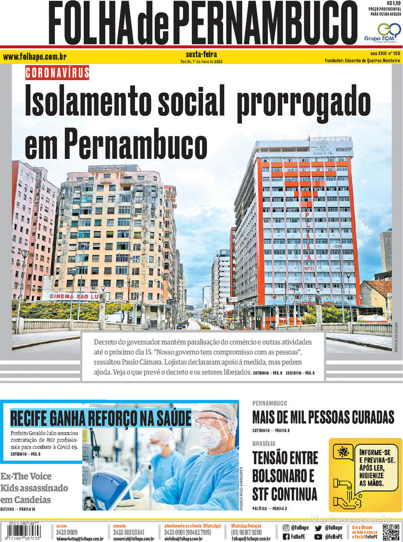 Capa do jornal Folha de Pernambuco 01/05/2020