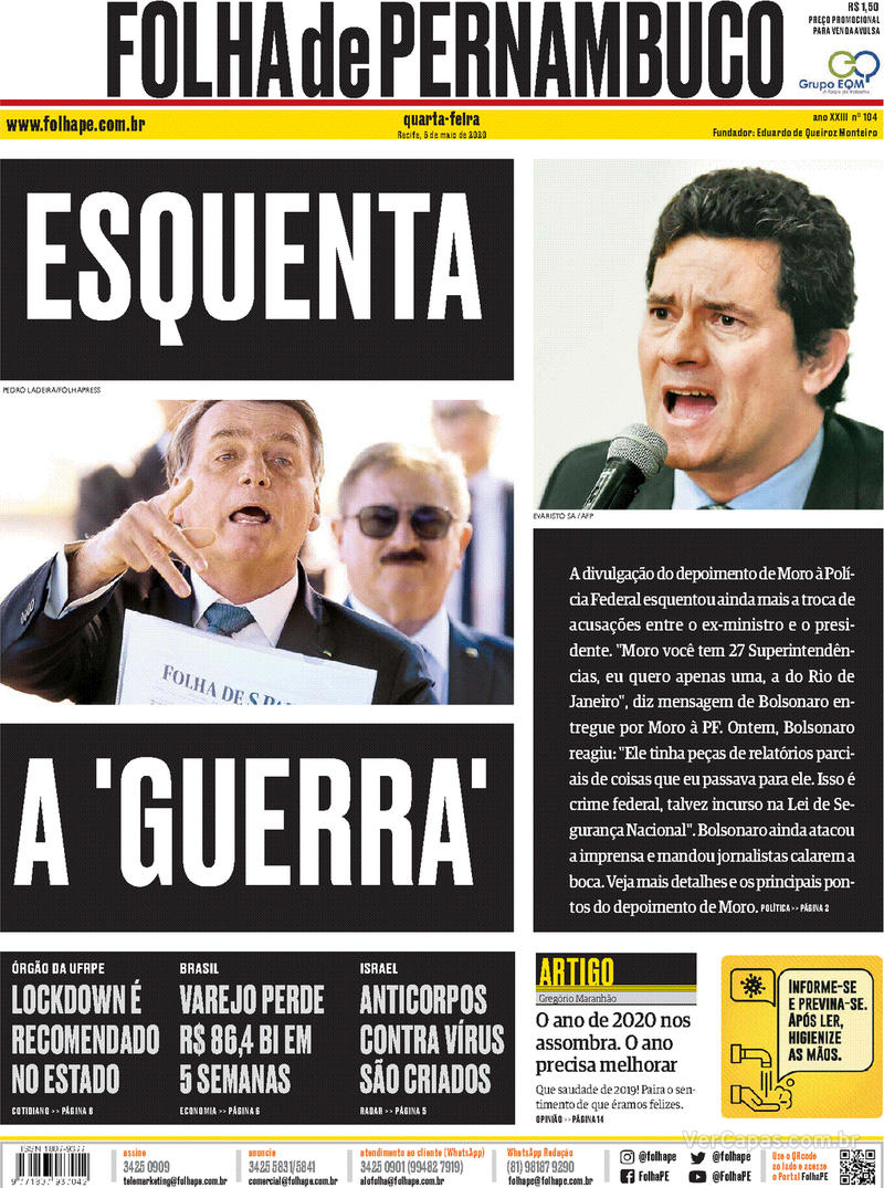 Capa do jornal Folha de Pernambuco 06/05/2020