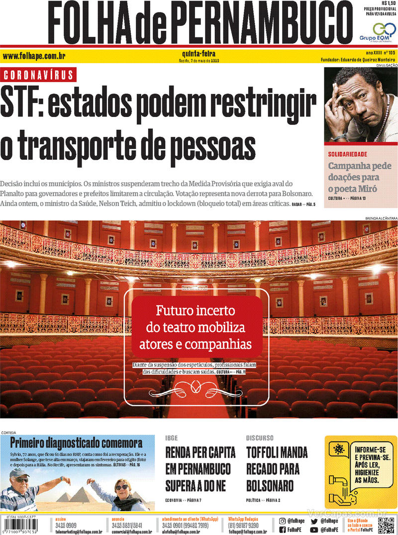 Capa do jornal Folha de Pernambuco 07/05/2020