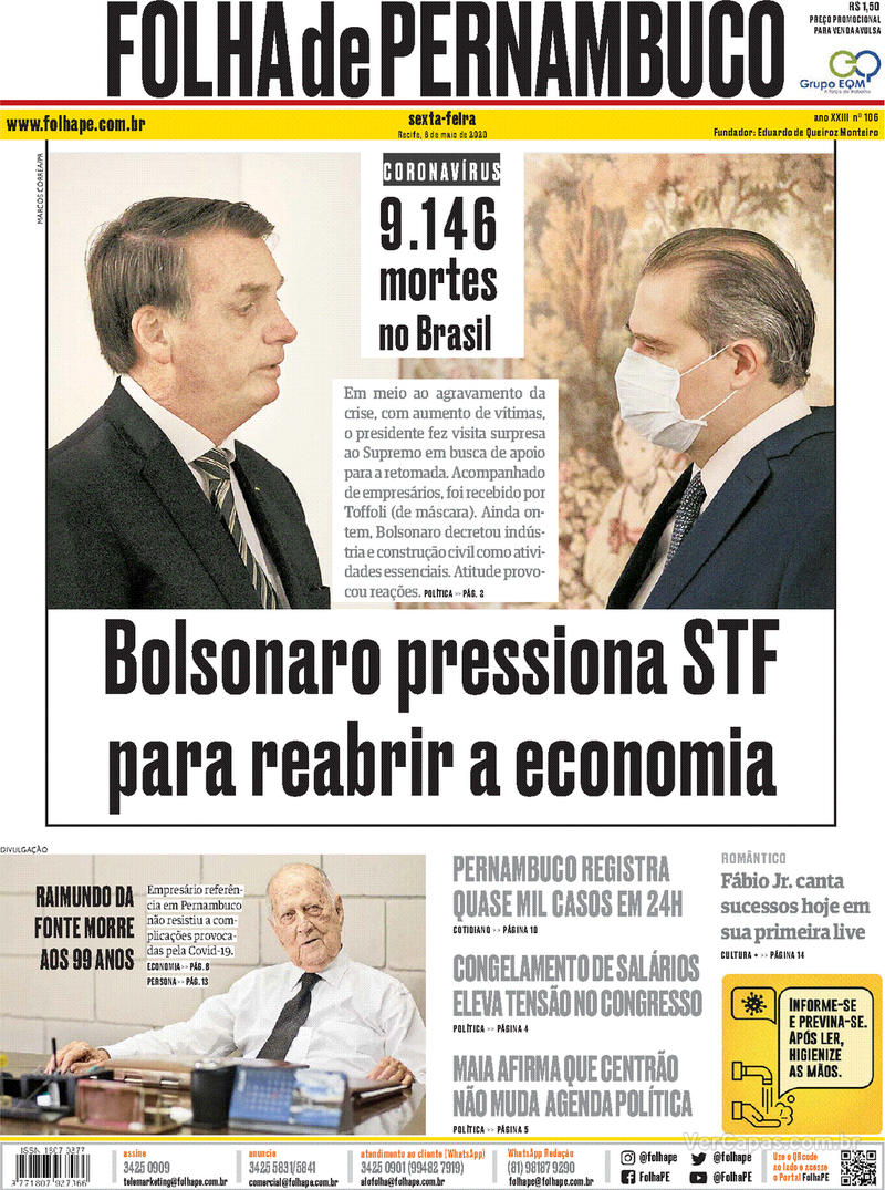 Capa do jornal Folha de Pernambuco 08/05/2020