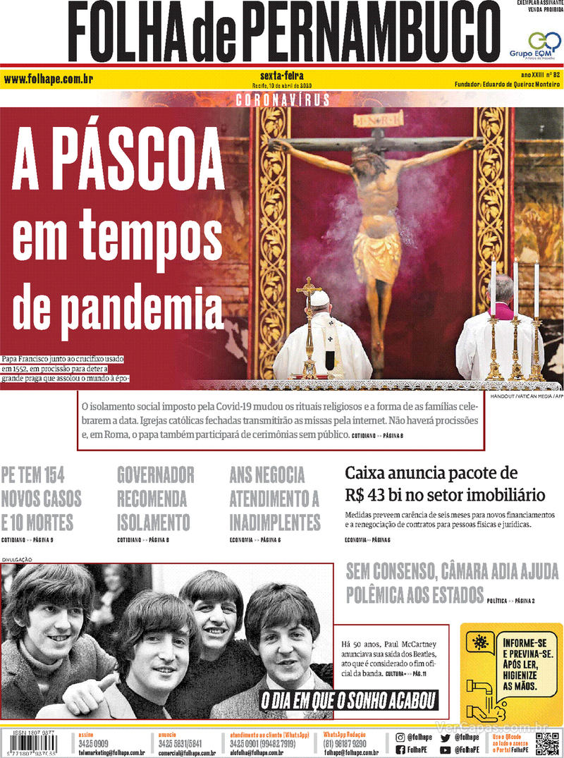 Capa do jornal Folha de Pernambuco 10/04/2020