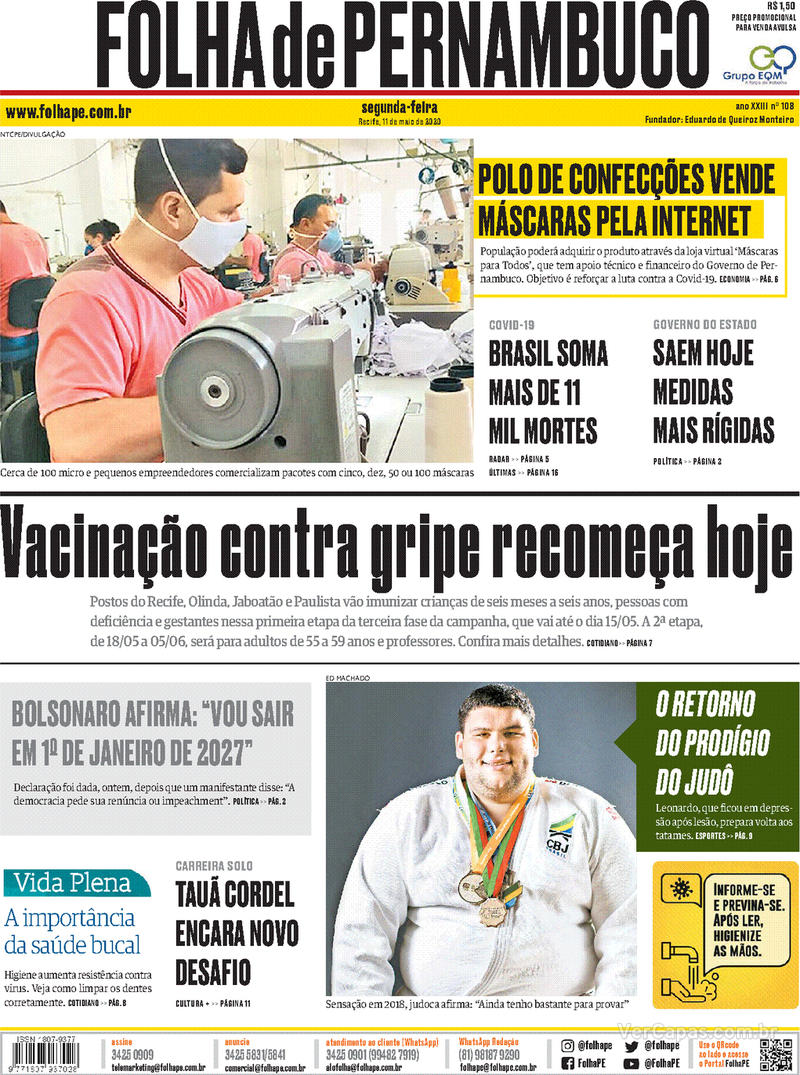 Capa do jornal Folha de Pernambuco 11/05/2020