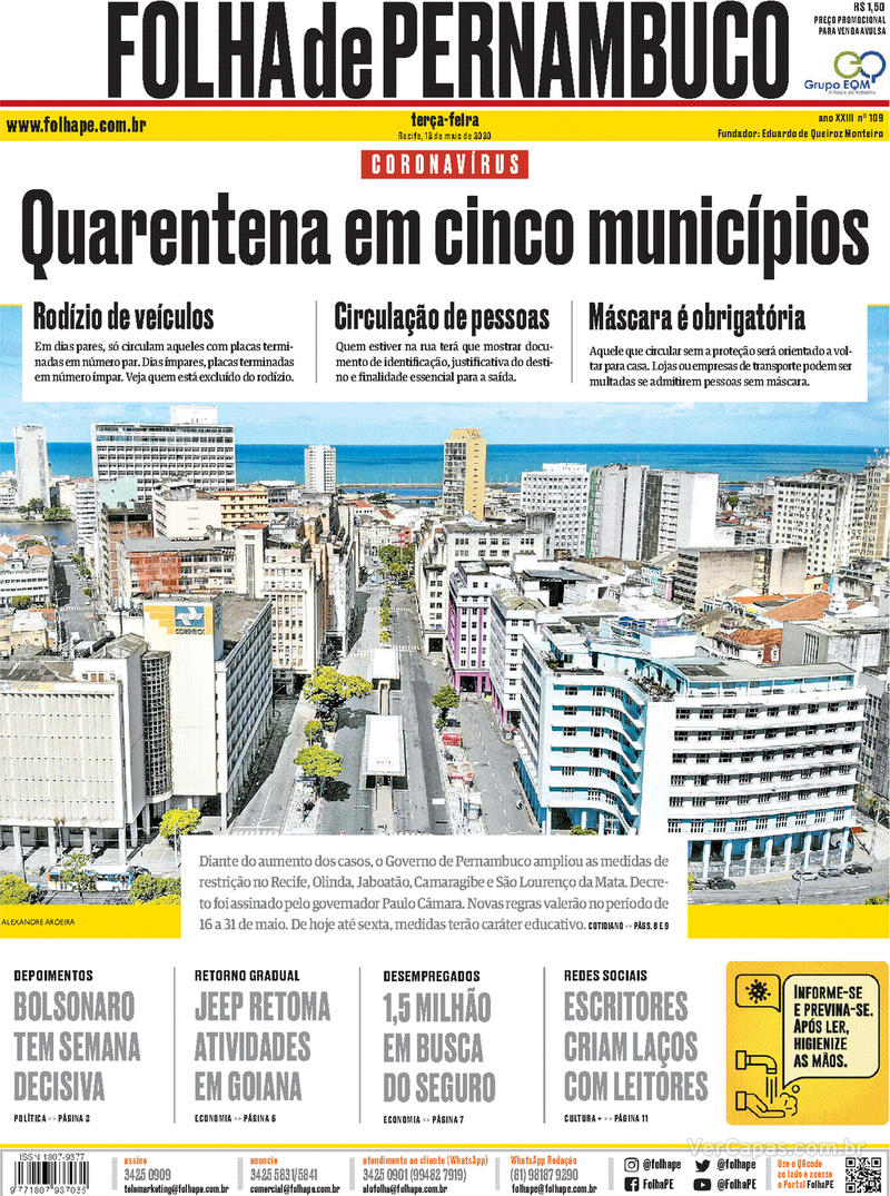 Capa do jornal Folha de Pernambuco 12/05/2020