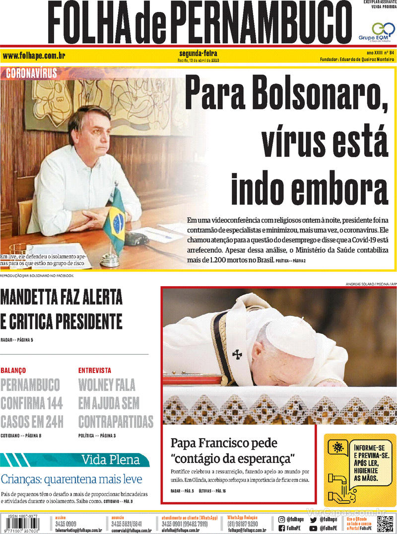 Capa do jornal Folha de Pernambuco 13/04/2020
