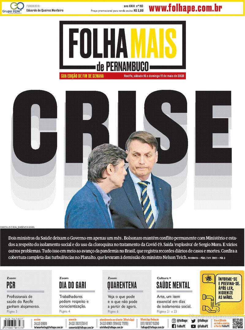 Capa do jornal Folha de Pernambuco 16/05/2020