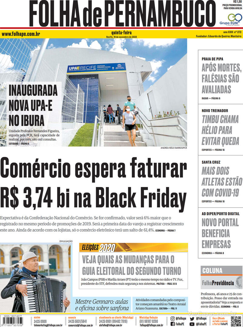 Capa do jornal Folha de Pernambuco 19/11/2020