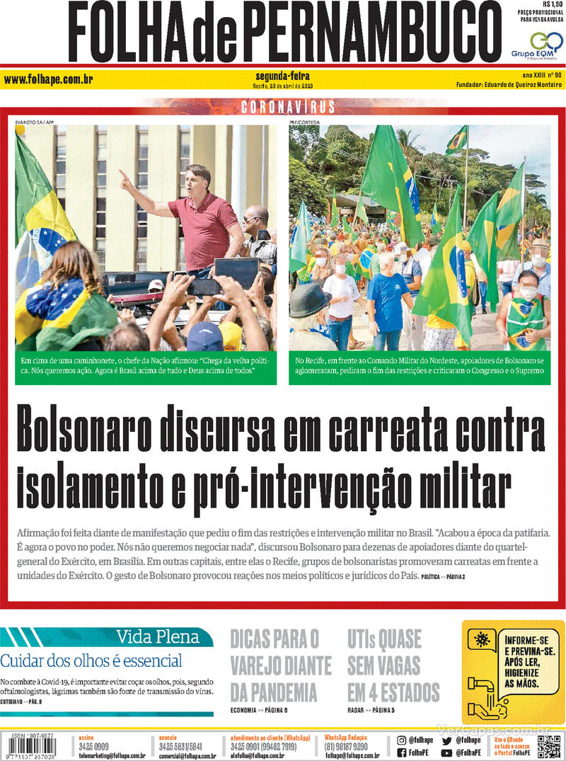 Capa do jornal Folha de Pernambuco 20/04/2020