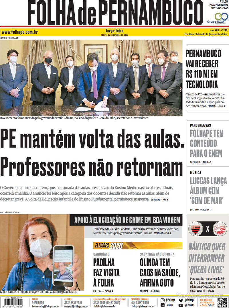 Capa do jornal Folha de Pernambuco 20/10/2020