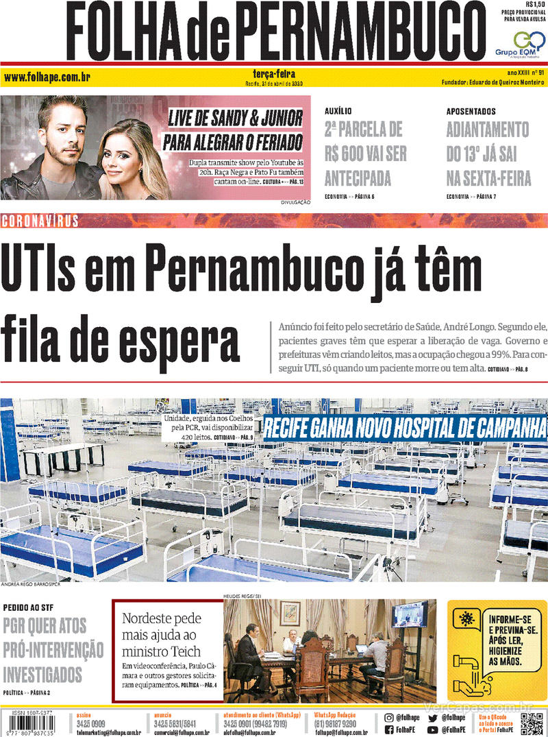 Capa do jornal Folha de Pernambuco 21/04/2020