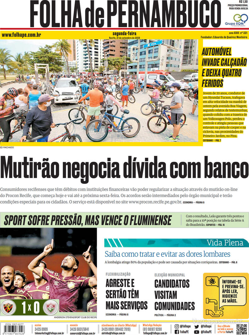 Capa do jornal Folha de Pernambuco 21/09/2020