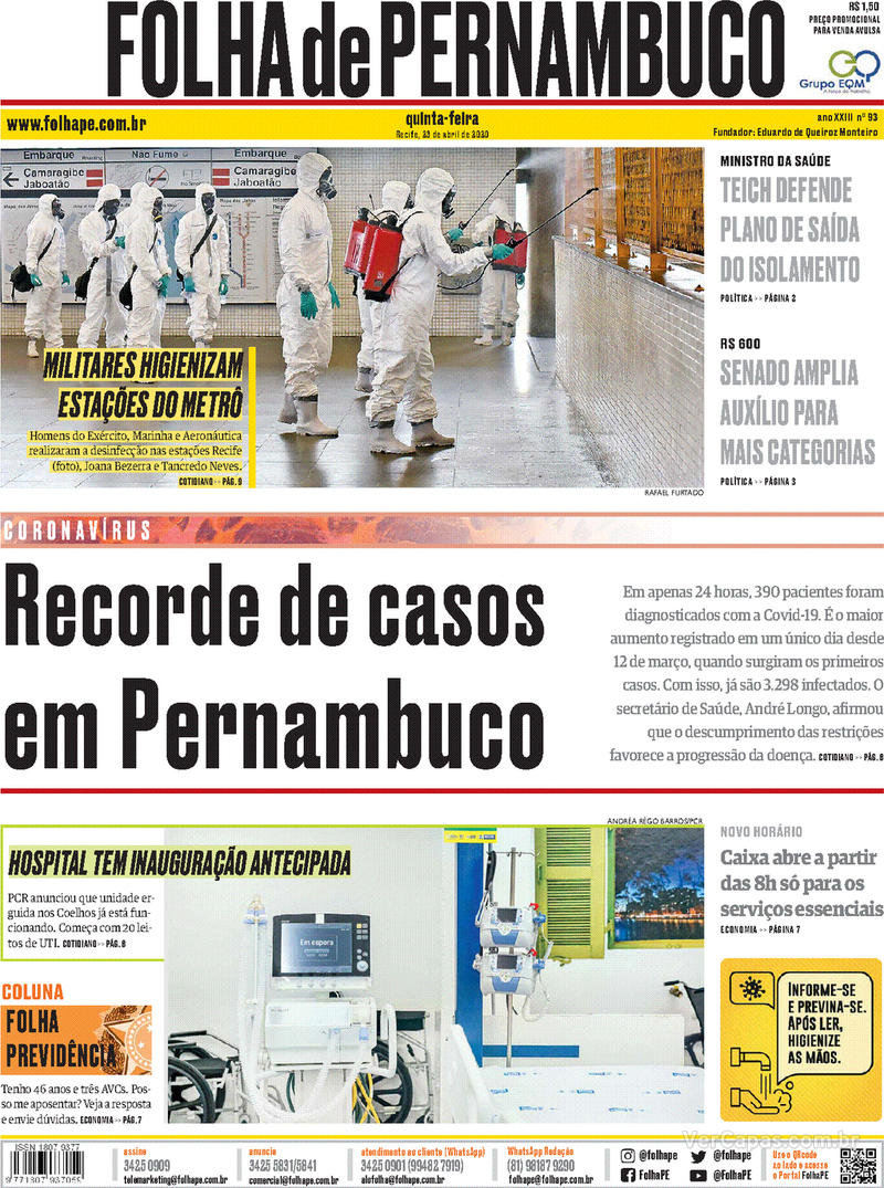 Capa do jornal Folha de Pernambuco 23/04/2020