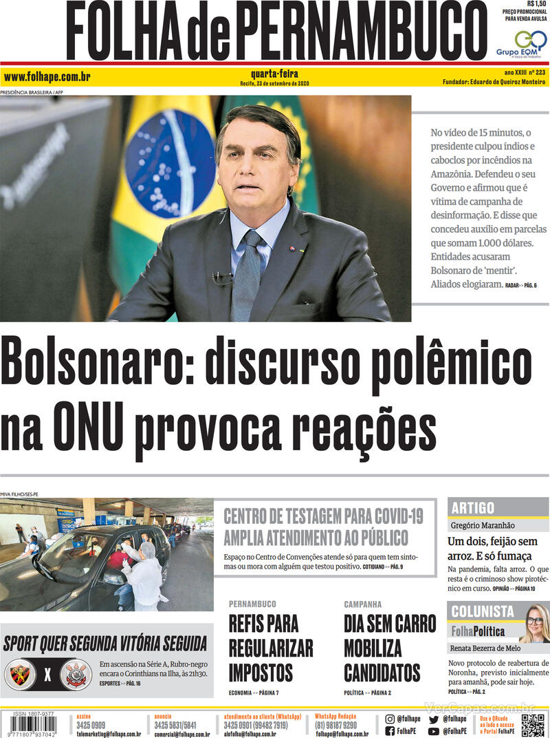 Capa do jornal Folha de Pernambuco 23/09/2020