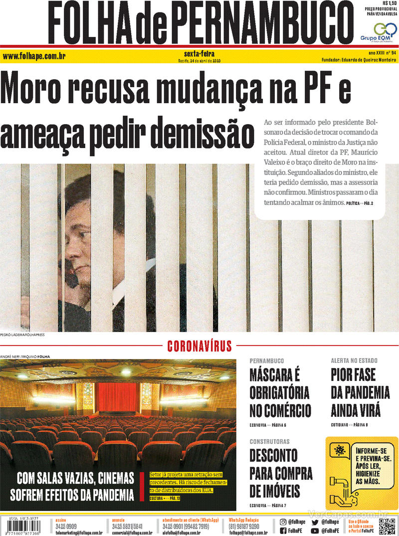 Capa do jornal Folha de Pernambuco 24/04/2020