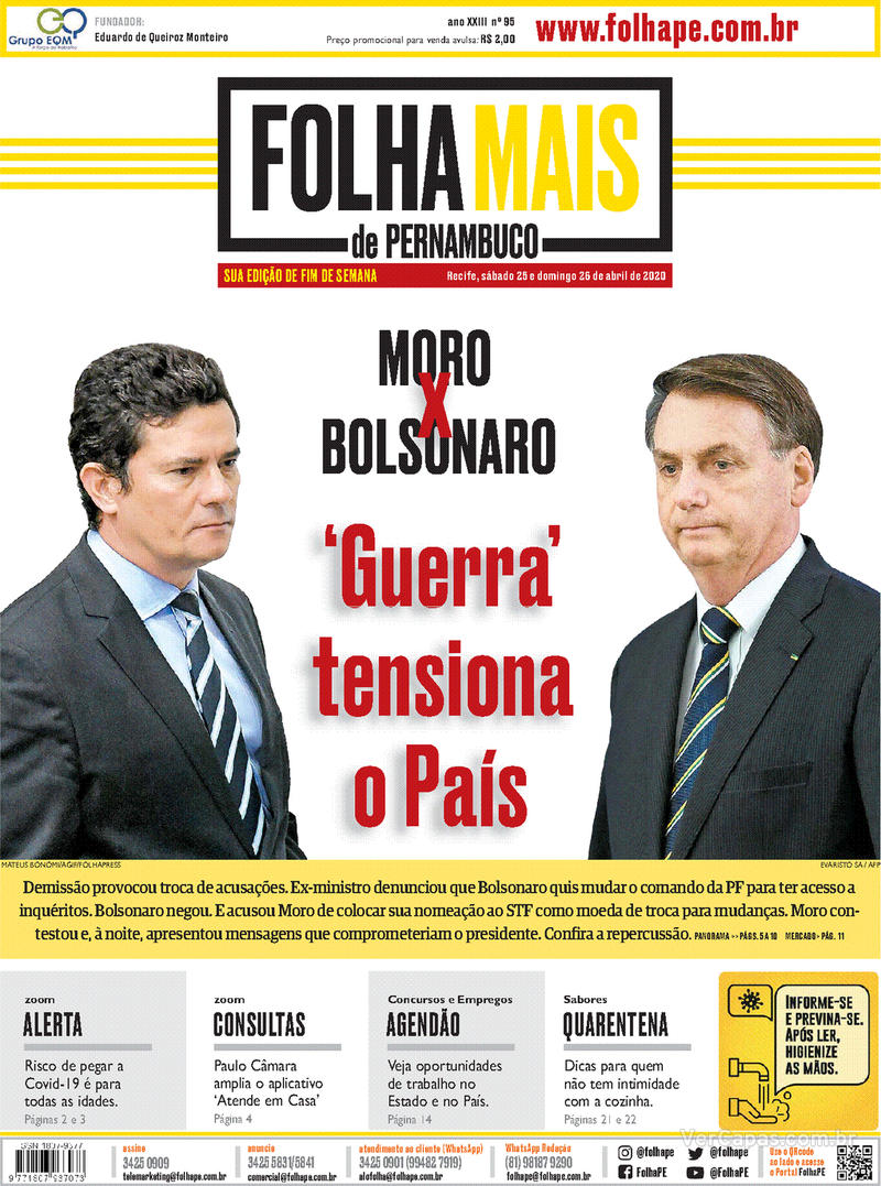 Capa do jornal Folha de Pernambuco 25/04/2020