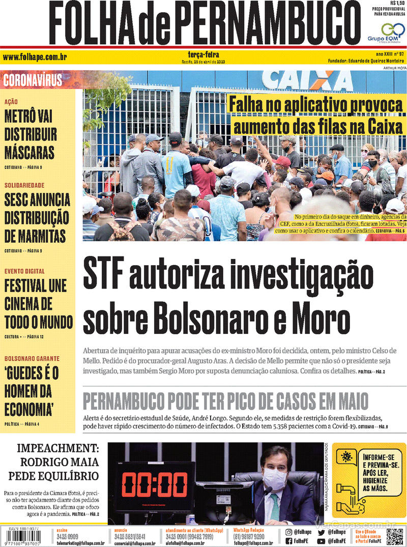 Capa do jornal Folha de Pernambuco 28/04/2020
