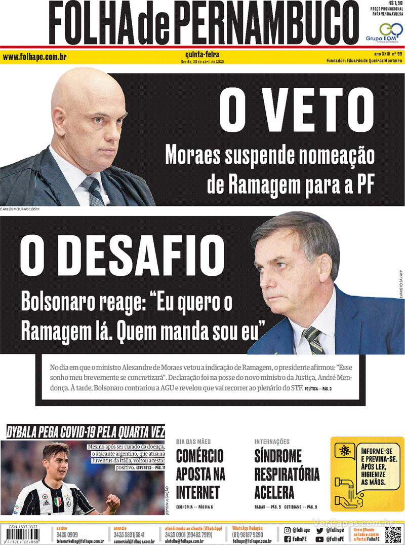 Capa do jornal Folha de Pernambuco 30/04/2020