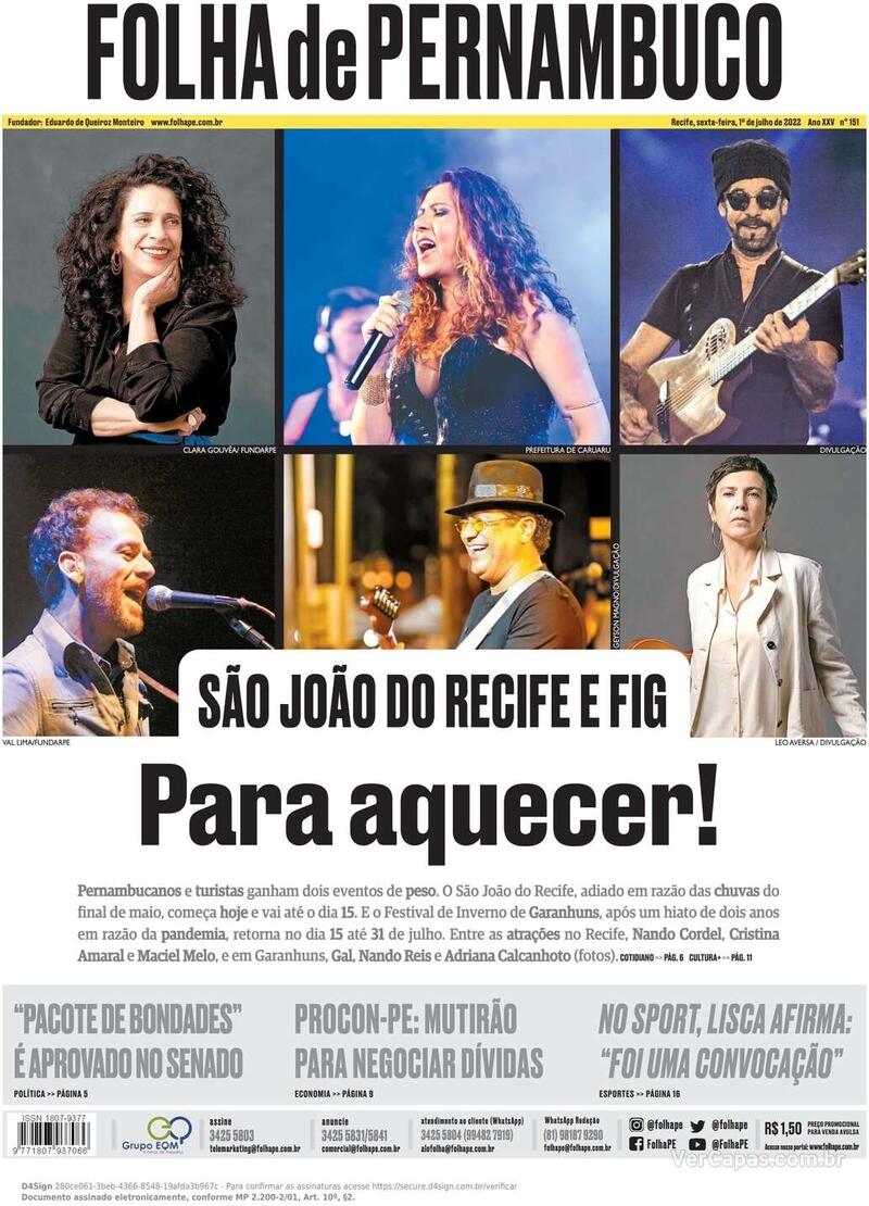 Capa do jornal Folha de Pernambuco 20/03/2020