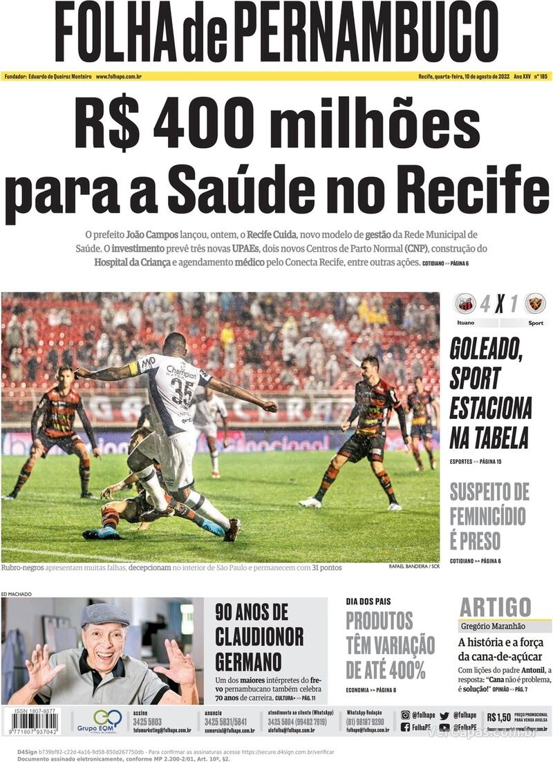 Capa do jornal Folha de Pernambuco 14/02/2020
