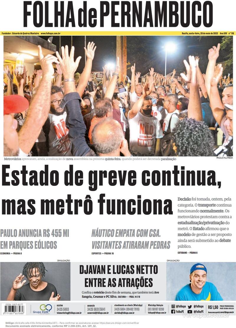 Capa do jornal Folha de Pernambuco 08/04/2020