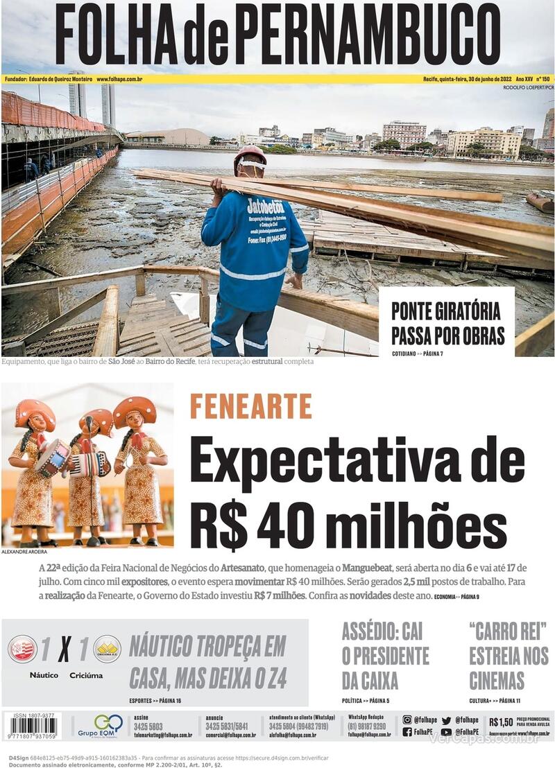 Capa do jornal Folha de Pernambuco 18/03/2020