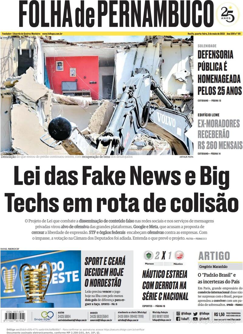 Capa Folha De Pernambuco Edição Quarta 3 De Maio De 2023 3700